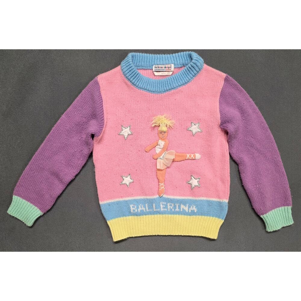 Vintage Girls 4T Knit Ballerina Sweater Pastel Colorblock 80s 90s Ballet Dancer